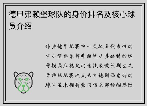 德甲弗赖堡球队的身价排名及核心球员介绍