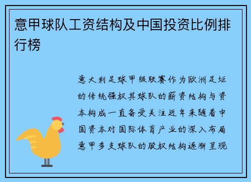 意甲球队工资结构及中国投资比例排行榜