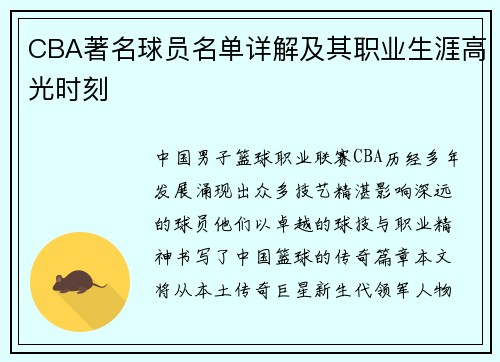 CBA著名球员名单详解及其职业生涯高光时刻